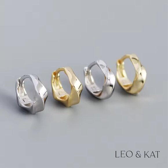 Twisted Huggie Earrings in Gold & Silver. 925 Sterling Silver. #1047 - Picture 3 of 4